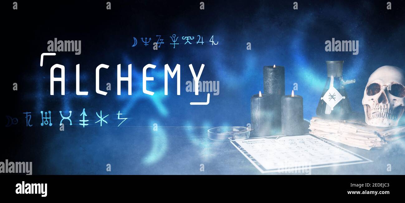 Potions, human skull, old book and word ALCHEMY on dark color background Stock Photo
