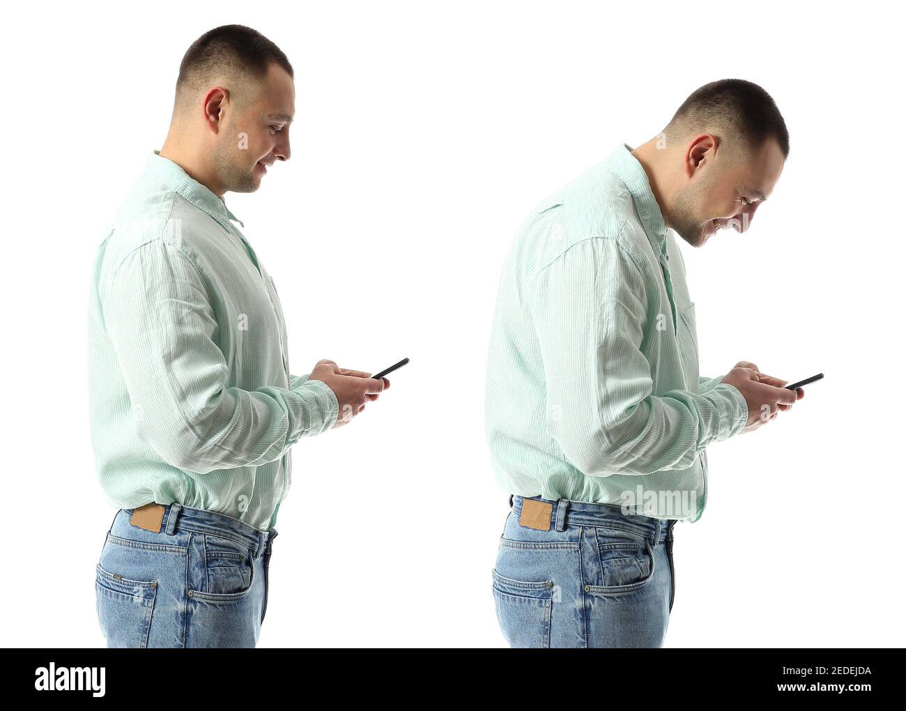 Man with proper and bad posture using mobile phone on white background Stock Photo