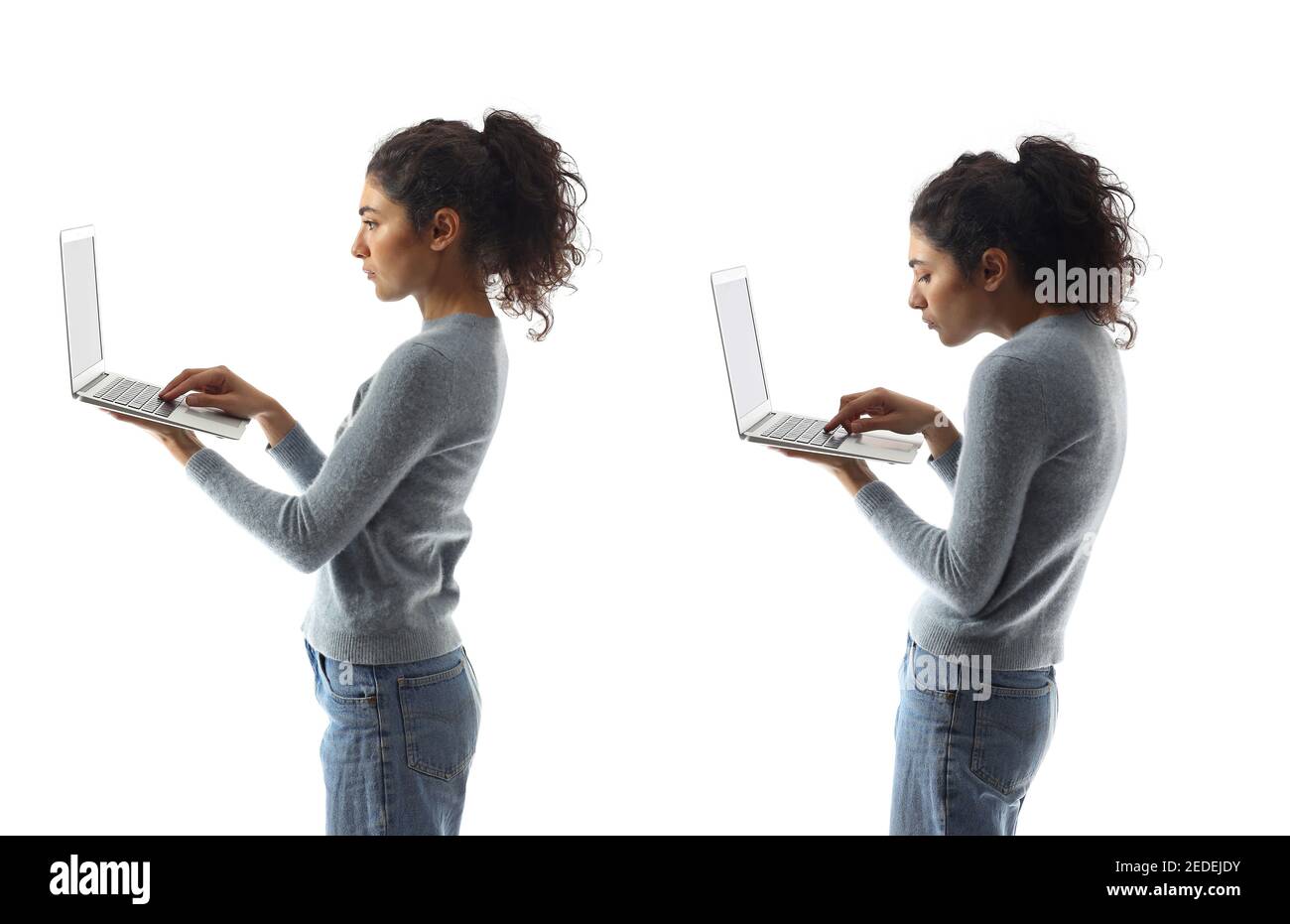 Young woman with proper and bad posture using laptop on white background Stock Photo