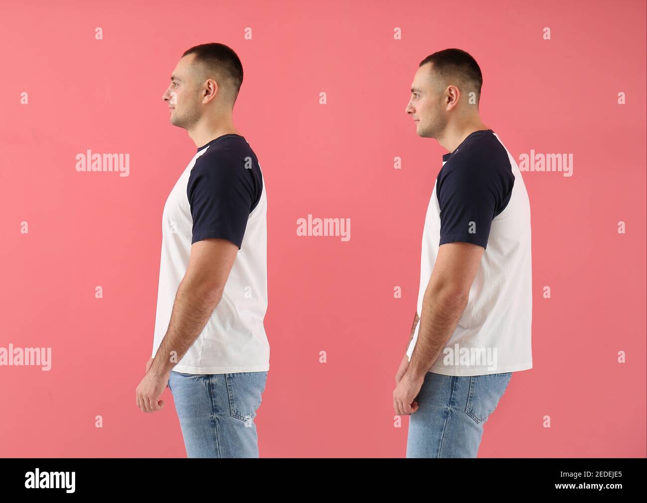 Man with proper and bad posture on color background Stock Photo