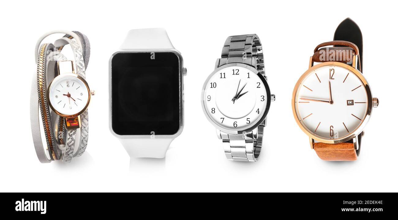 Different wrist watches on white background Stock Photo Alamy