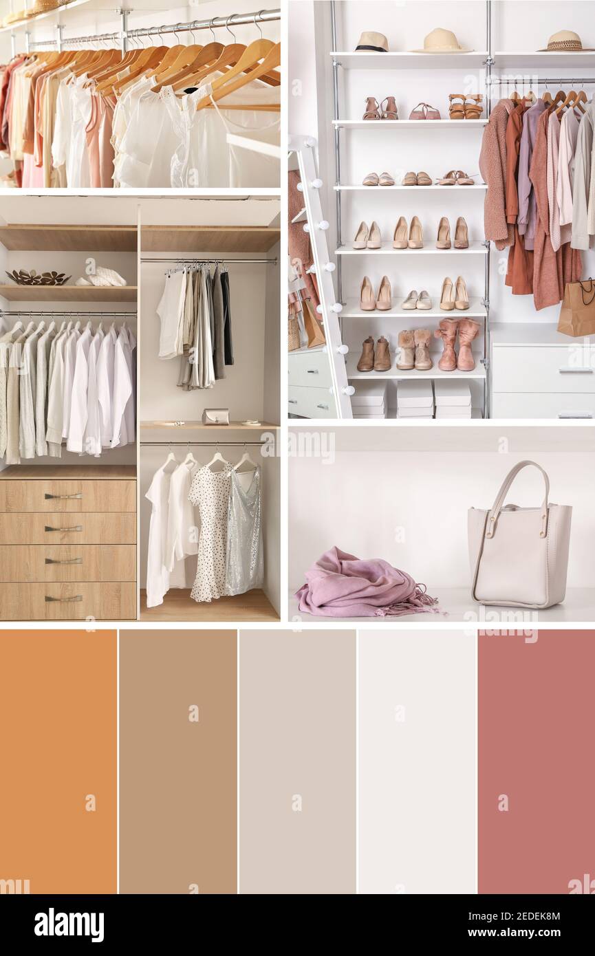 Collage of photos with stylish clothes and accessories in modern wardrobe.  Different color patterns Stock Photo - Alamy