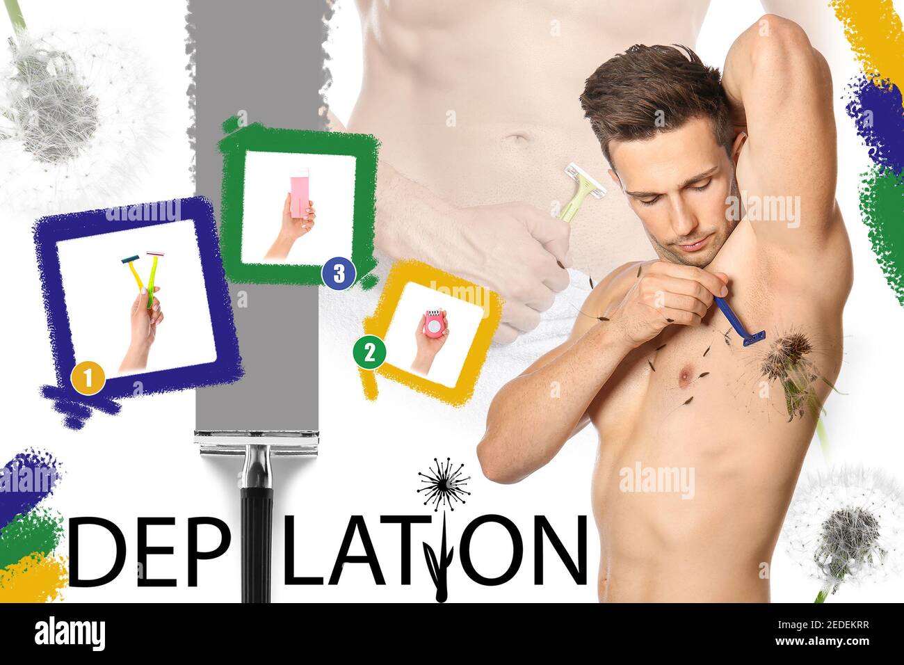 Collage of handsome young man shaving body and different hair removal methods on white