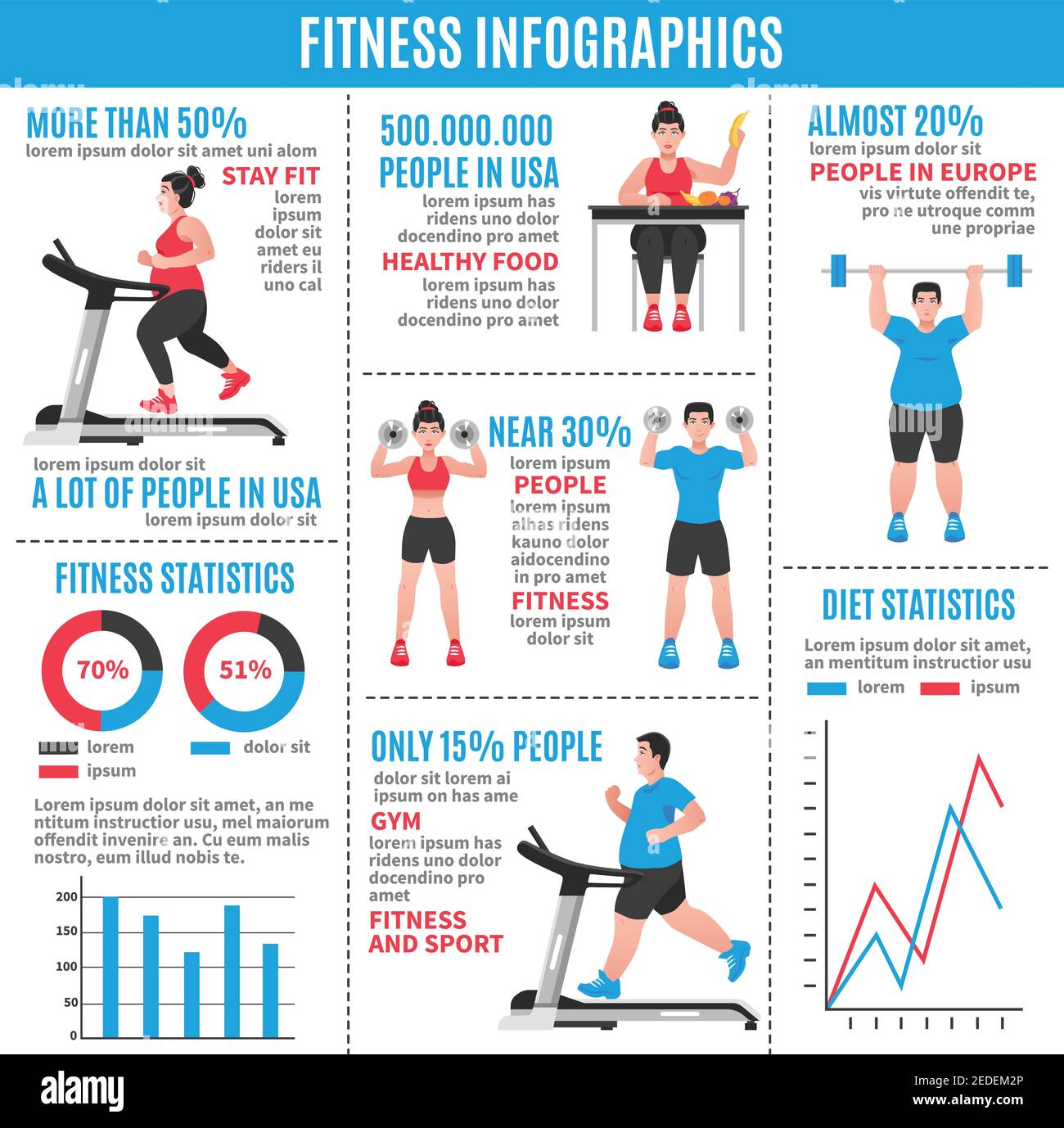 Fitness colored infographics with diet statistics fitness statistics and percentage ratio vector illustration Stock Vector