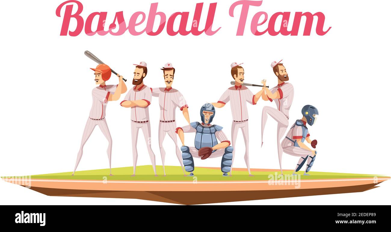 Baseball team retro composition with athletes in uniform and helmets holding baseball bats flat cartoon vector illustration Stock Vector