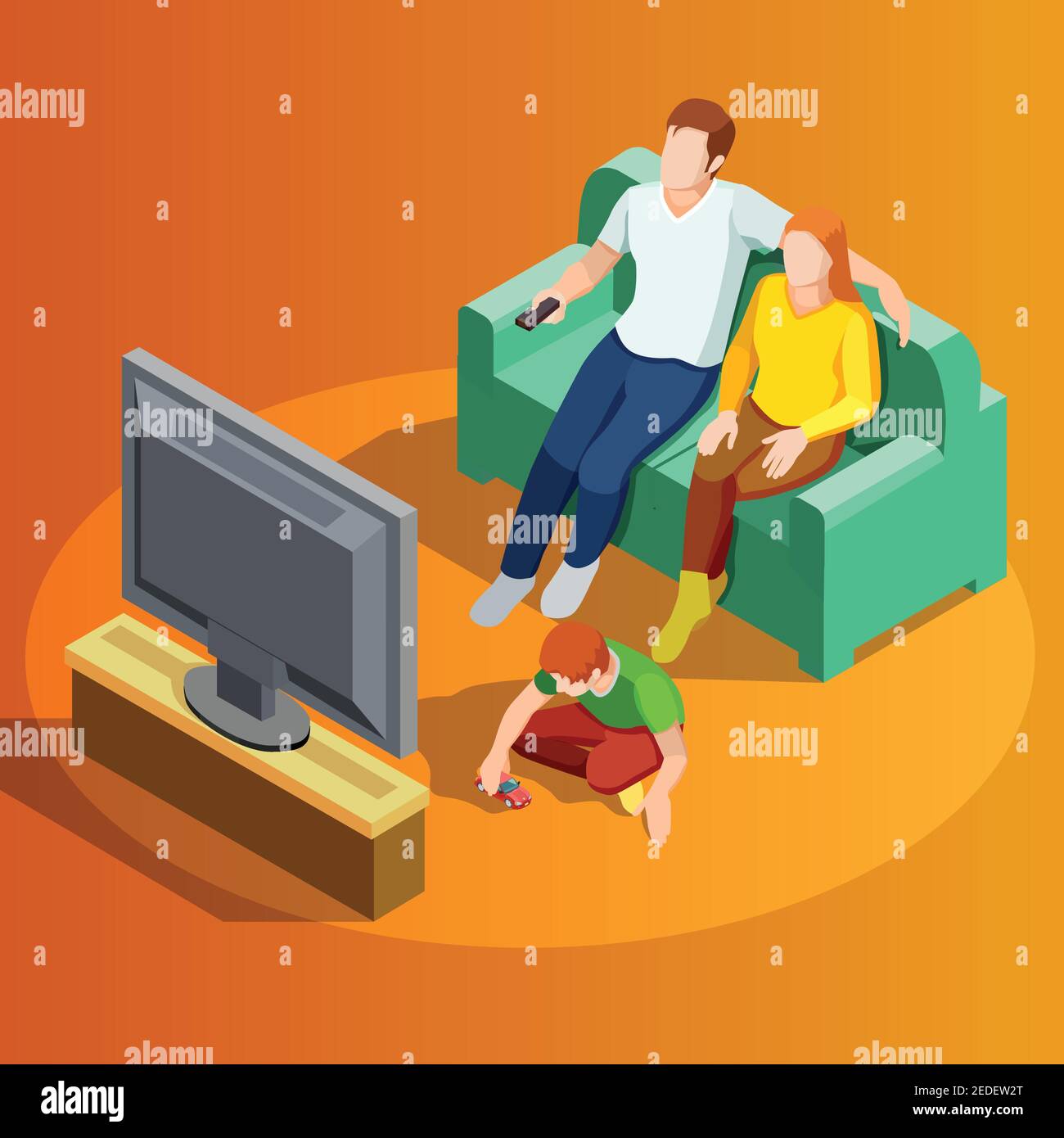 Young family watching tv in living room with little boy playing on carpet isometric view vector illustration Stock Vector