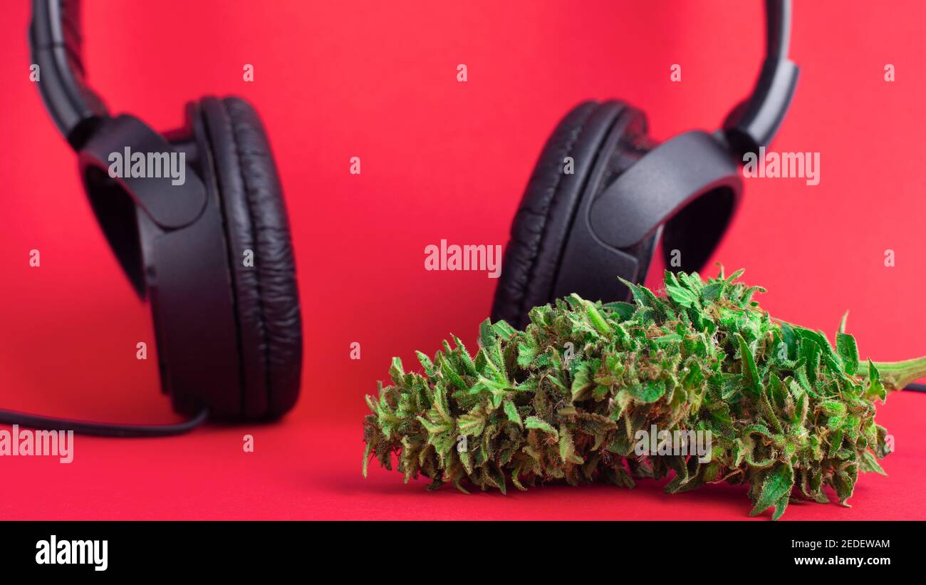 mixed vibe with cannabis buds and music Stock Photo