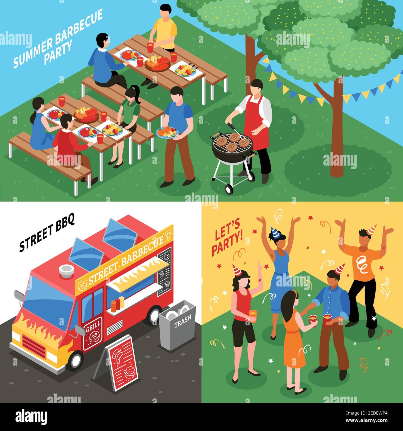 Isometric design concept with summer barbecue street food on grill and ...
