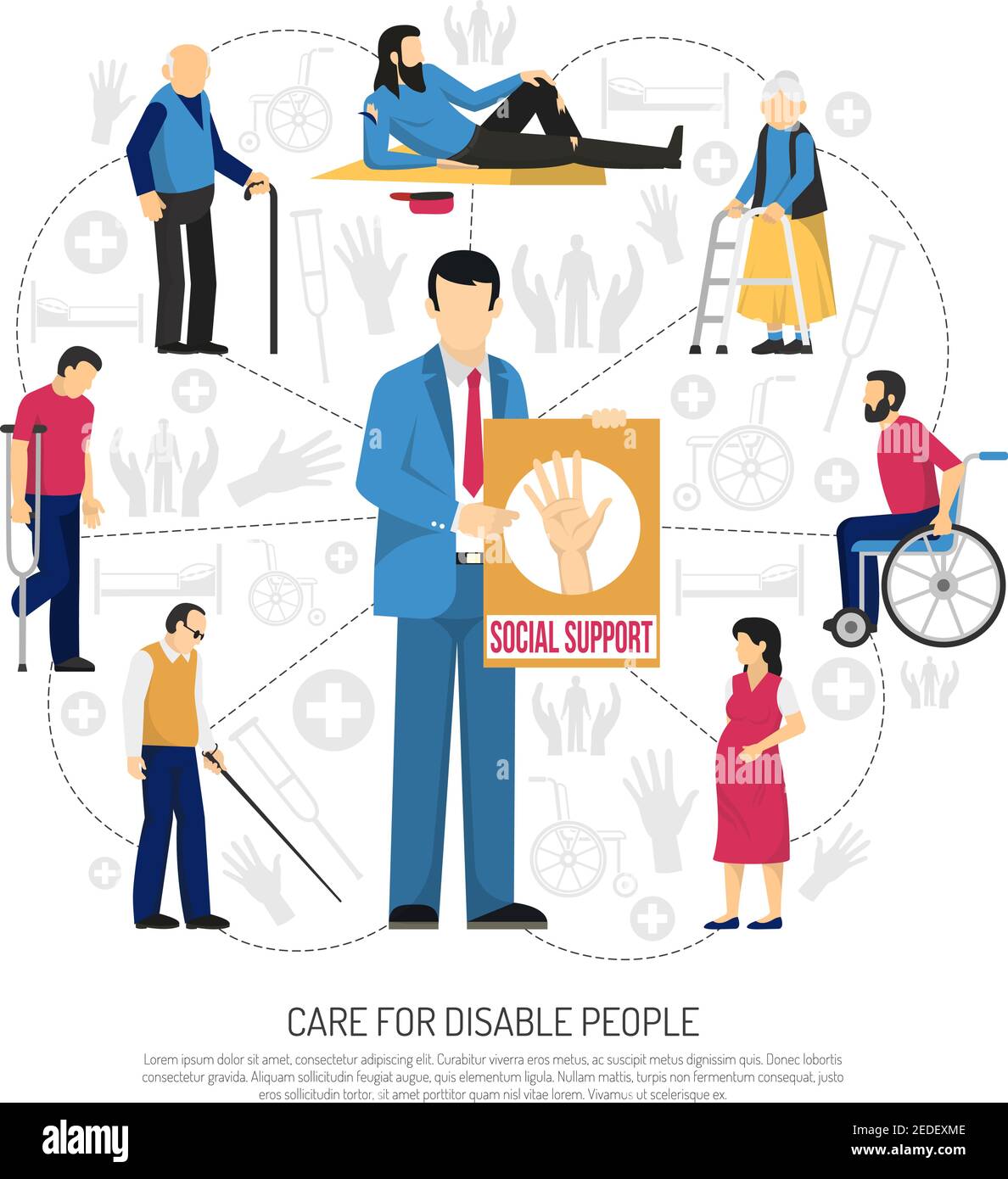 Social support for disabled people composition with elderly persons homeless invalids around man with placard vector illustration Stock Vector