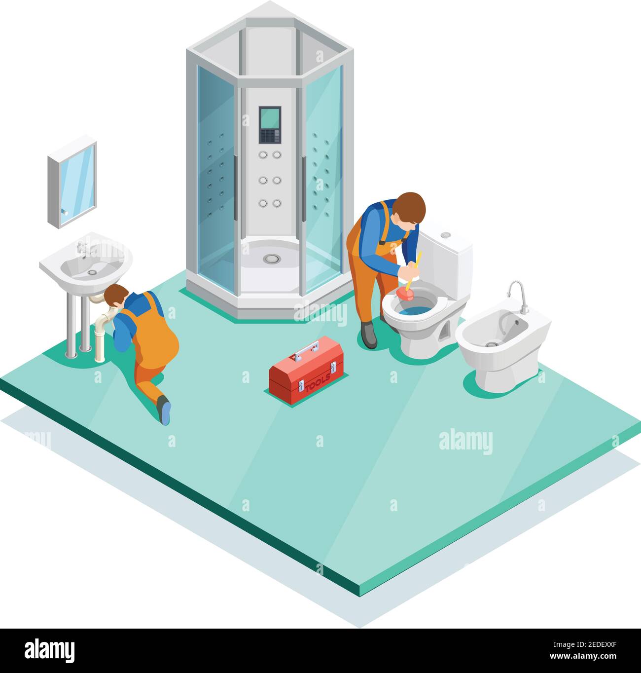 Plumbers fixing problems in modern luxury bathroom with shower cabin enclosure sink and bidet isometric vector illustration Stock Vector