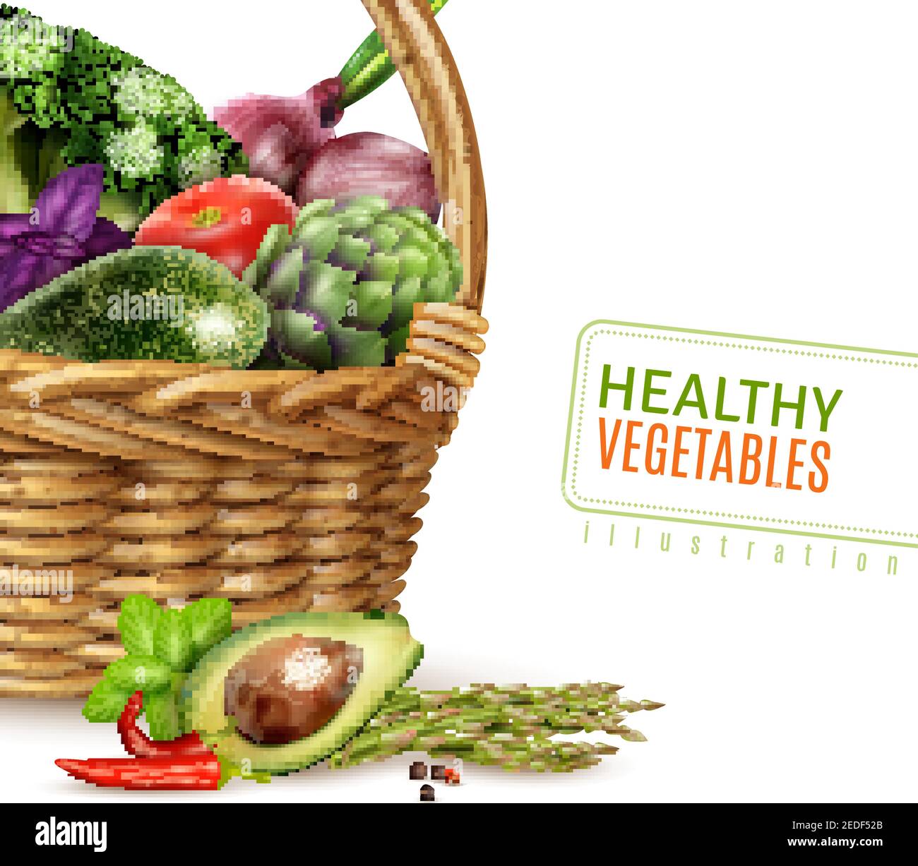 https://c8.alamy.com/comp/2EDF52B/healthy-vegetables-in-basket-composition-in-realistic-style-with-avocado-broccoli-tomato-onion-basil-mint-asparagus-vector-illustration-2EDF52B.jpg