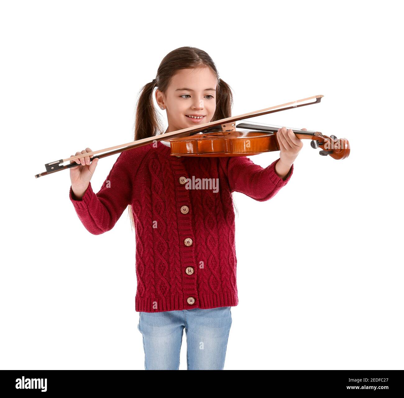 Little girl playing violin on white background Stock Photo - Alamy