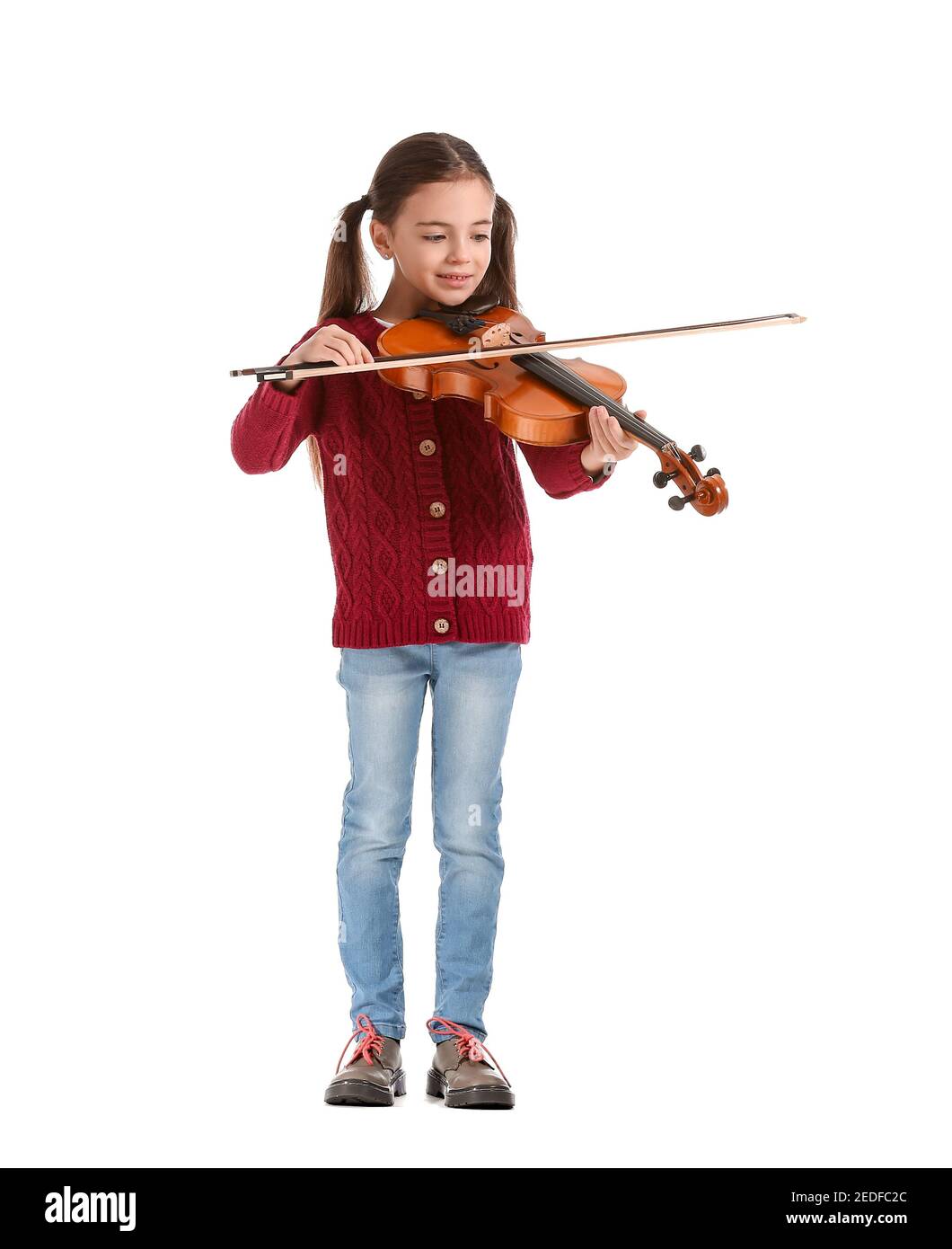 Little girl playing violin on white background Stock Photo - Alamy