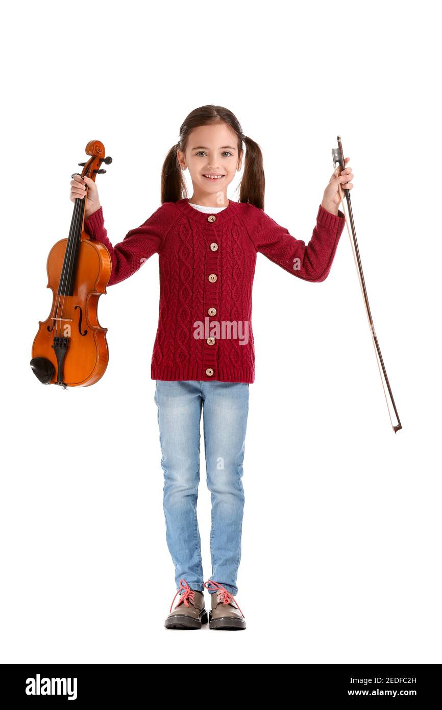 Little girl with violin on white background Stock Photo - Alamy