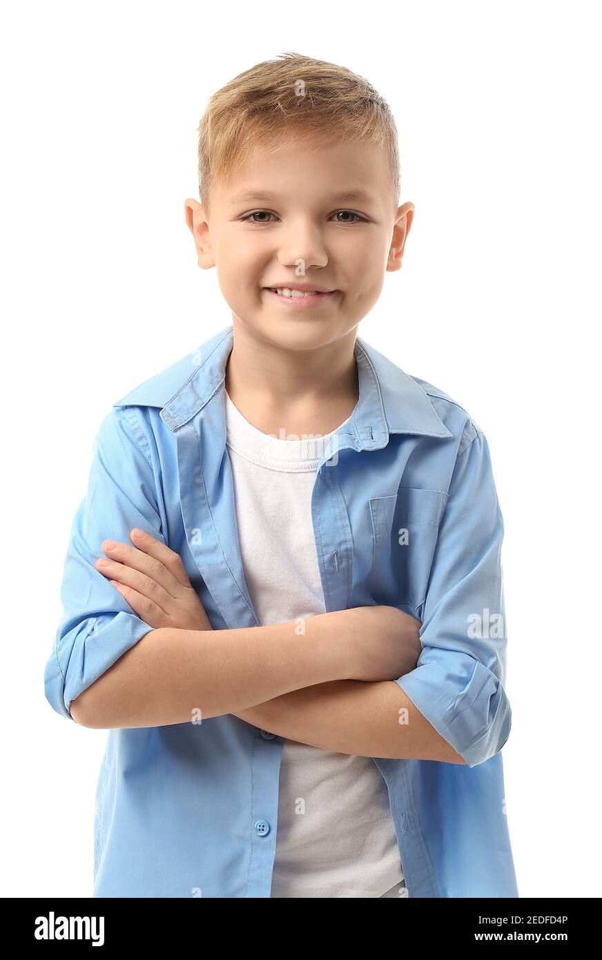 Cute little boy with crossed arms on white background Stock Photo Alamy