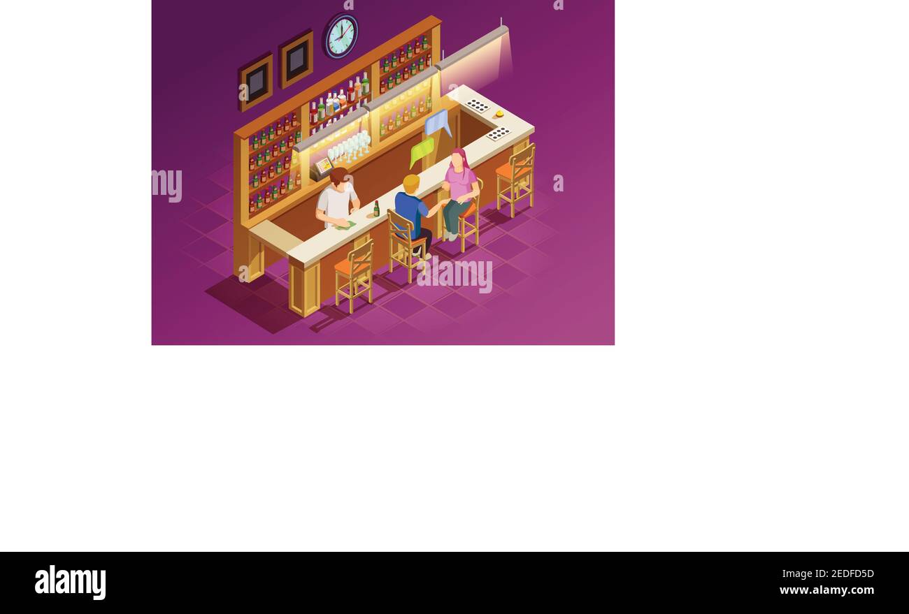 Young man and woman friends sitting at bar chatting drinking beer served by bartender isometric poster vector illustration Stock Vector