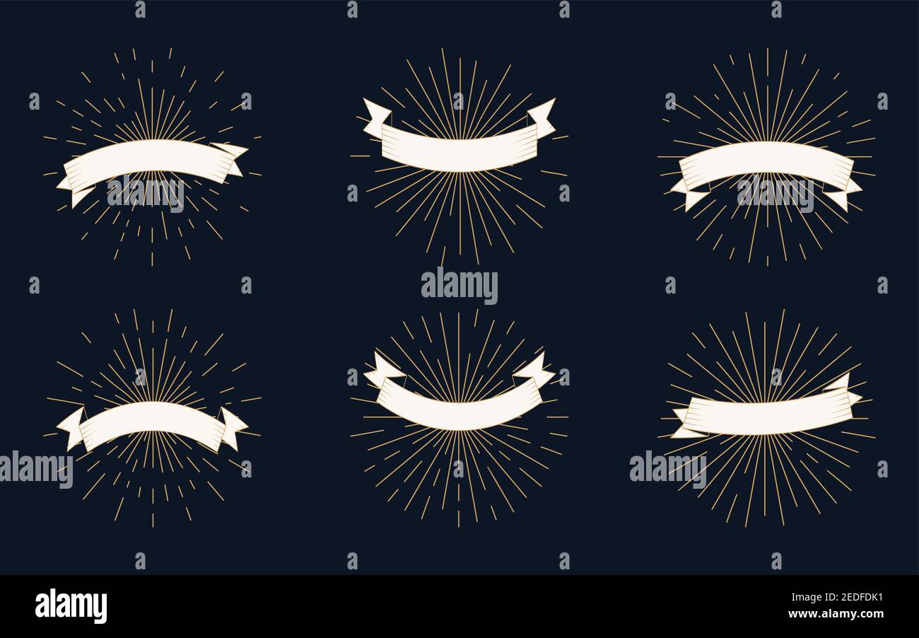 Retro white ribbons with gold contour line and sunburst, icon set. Old vintage tape in engraving style. Template flat blank banner tapes with light rays for invitations or cards. Vector illustration Stock Vector