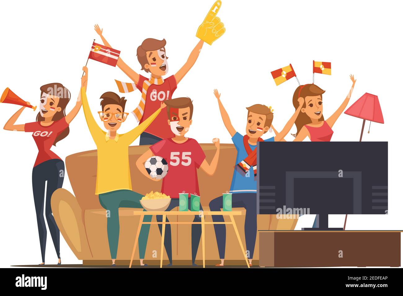 Colored sport fans watching tv on couch composition people with flags make up vector illustration Stock Vector
