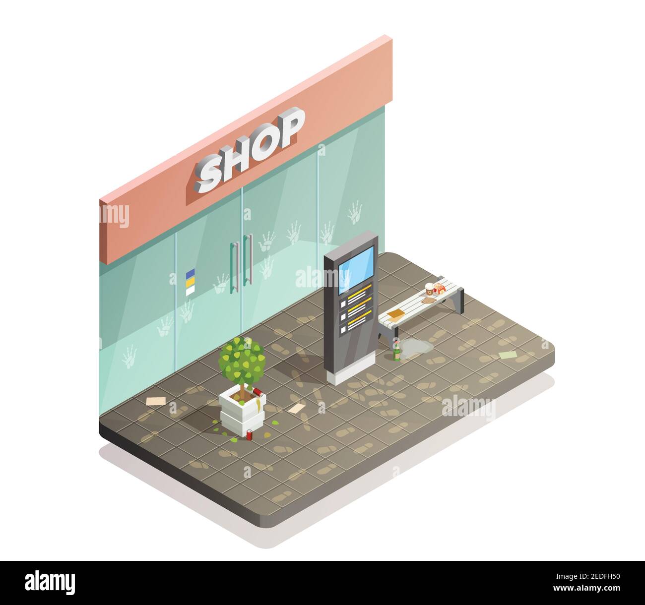 Cleaning isometric composition with dirty shop front flowerbed and bench with footprints and fingermarks with rubbish vector illustration Stock Vector