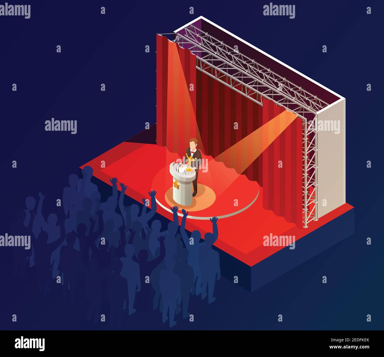Music award ceremony isometric dark blue background poster with winner