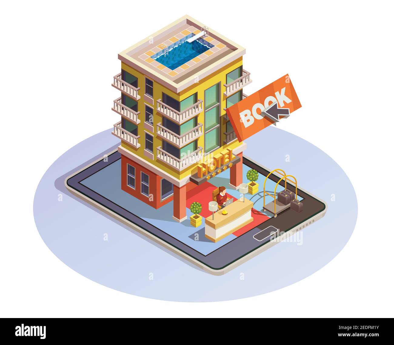 Online hotel booking isometric icon with building street view and
