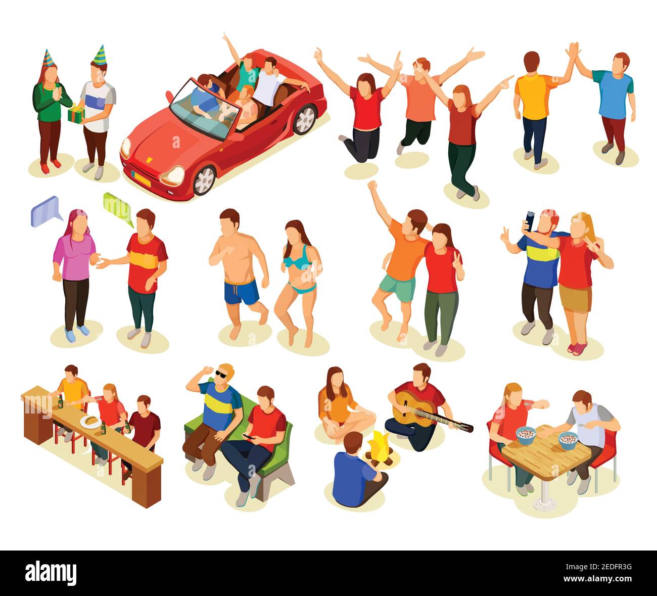 Teenagers friends having fun together isometric icons set isolated on white background vector illustration Stock Vector