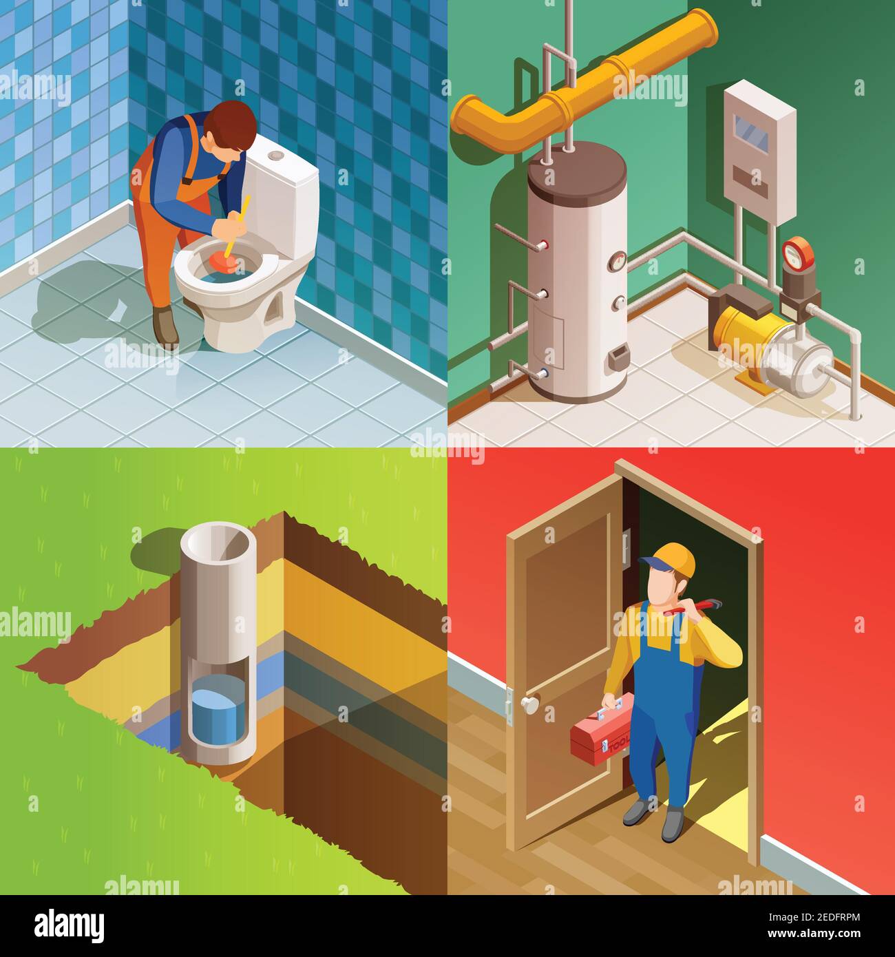 Plumber fixing problem concept 4 colorful isometric icons square with unclogging toilet with plunger isolated vector illustration Stock Vector