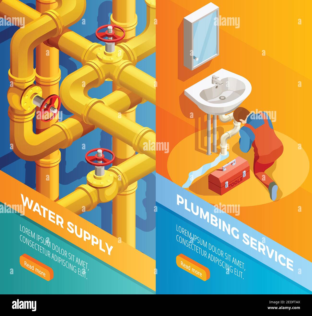Water supply problems fixing 2 vertical isometric banners set with plumbing leak bathroom sink isolated vector illustration Stock Vector