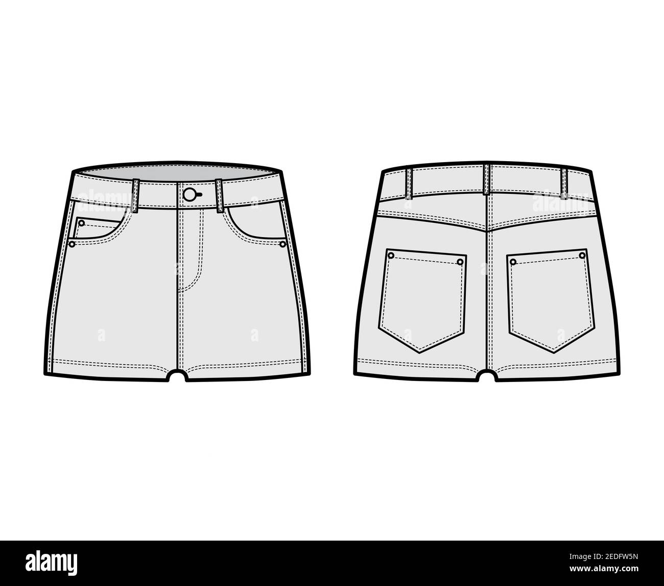 Denim hot short pants technical fashion illustration with micro length, low waist, low rise, 5 pockets. Flat bottom apparel template front, back, grey color style. Women, men, unisex CAD mockup Stock Vector