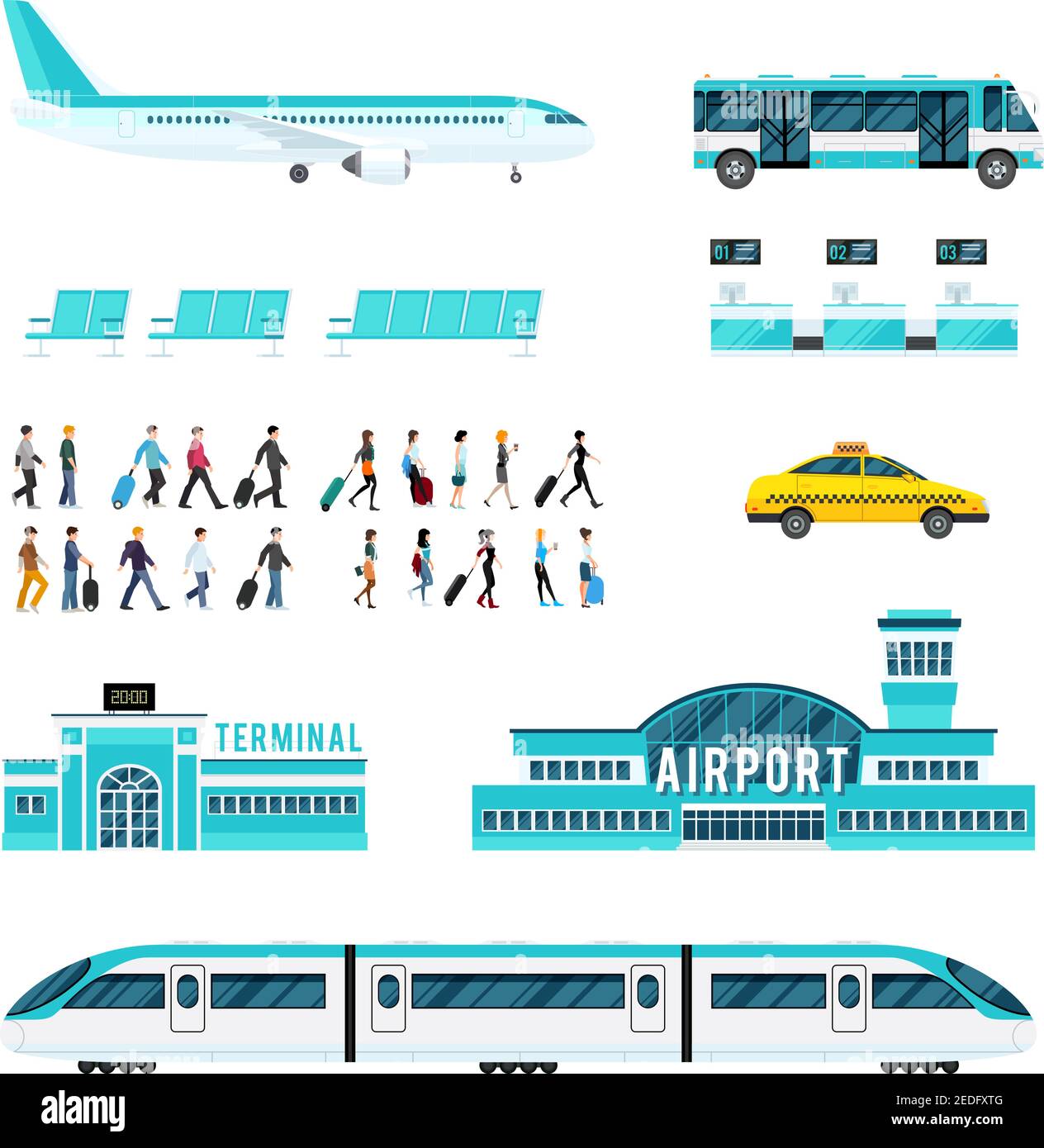 Set of icons with airport people with luggage transport including train ...