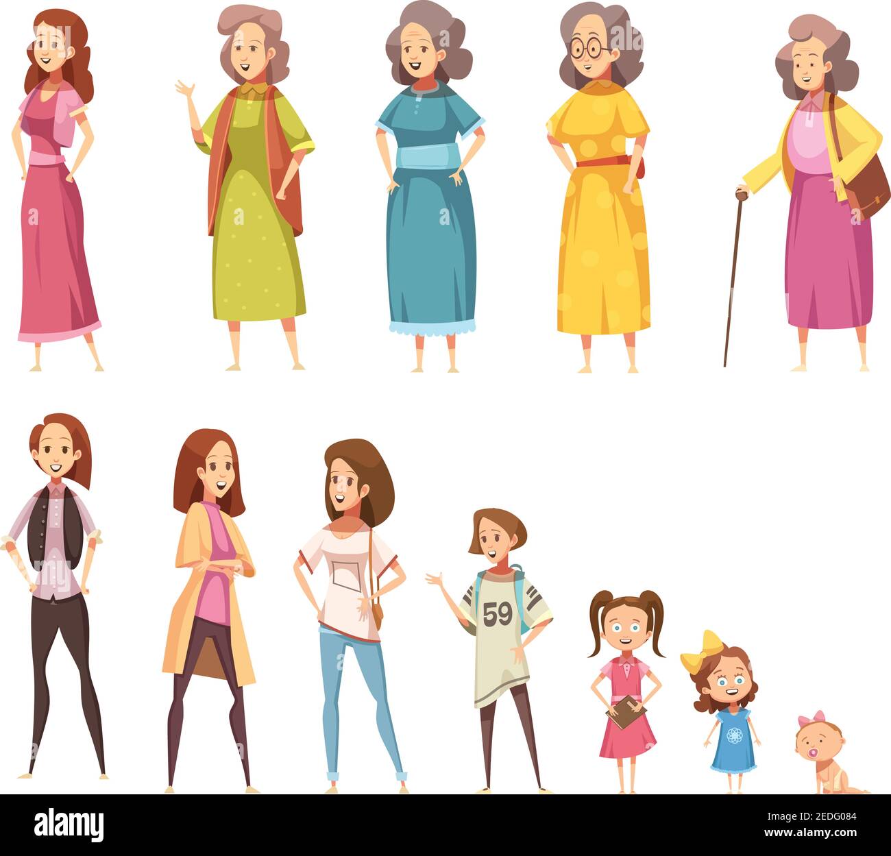 Women generation flat colored icons set of all age categories from