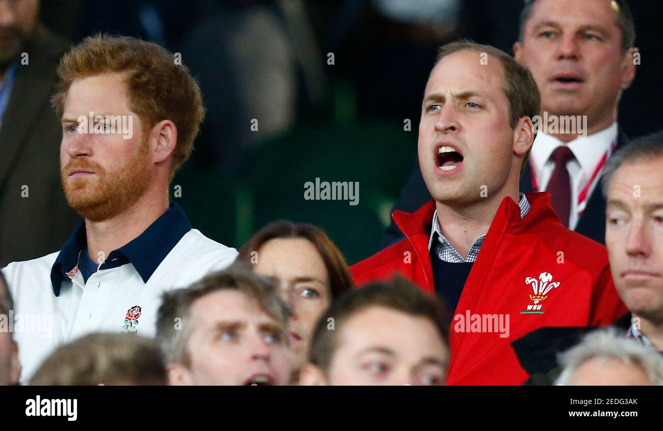 Rugby Union - England v Wales - IRB Rugby World Cup 2015 Pool A - Twickenham Stadium, London, England - 26/9/15  Britain's Prince Harry and Prince William in the stands  Reuters / Andrew Winning  Livepic Stock Photo