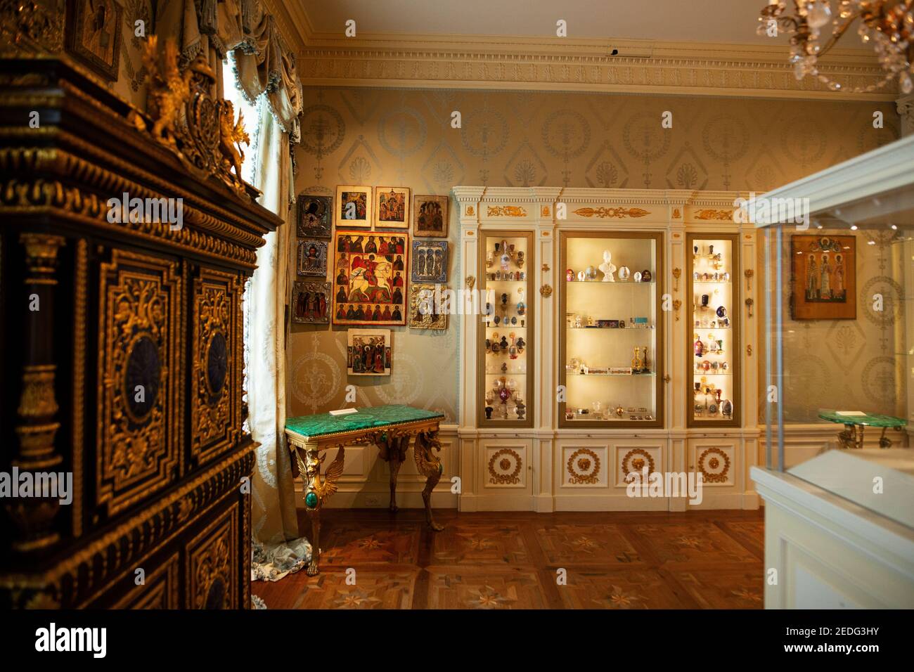 The Icon Room at Hillwood, the estate of Marjorie Merriweather Post in Washington, DC, USA. Post displayed Russian icons and Faberge objects here. Stock Photo