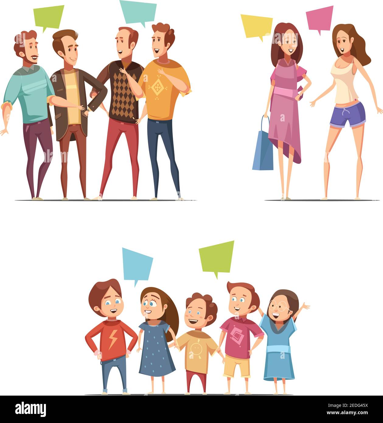 Family retro cartoon set with funny groups of male female and children