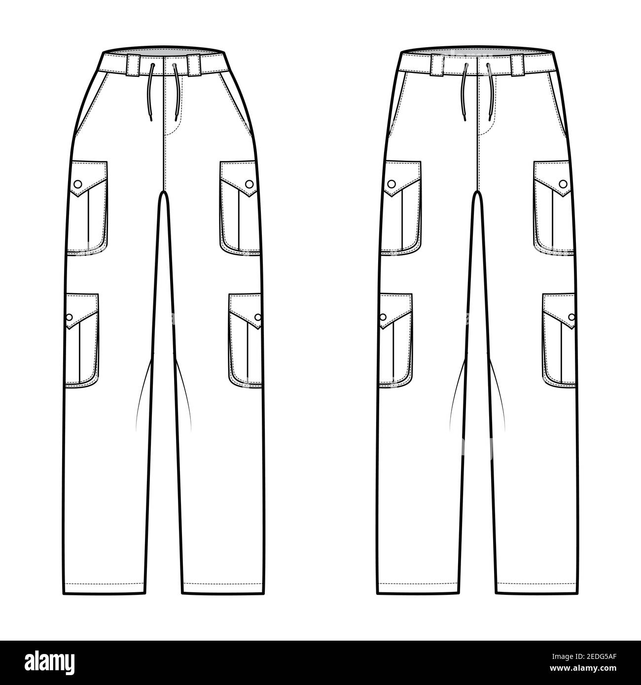 Set of cargo pants technical fashion illustration with normal low waist,  high rise, pockets, belt loops,