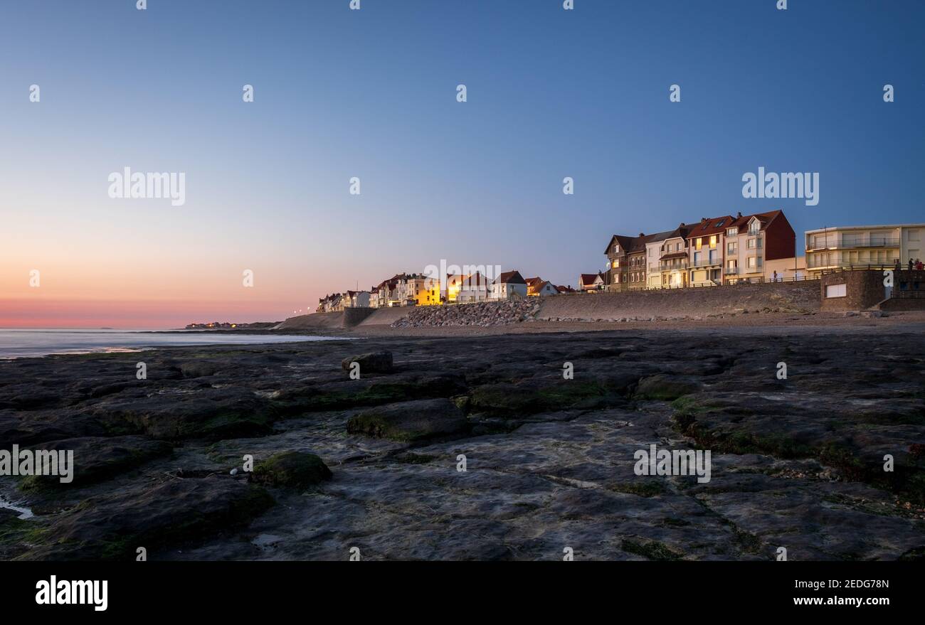 Scenic view of the seafront of Ambleteuse on the French Opal Coast at sunset. Stock Photo