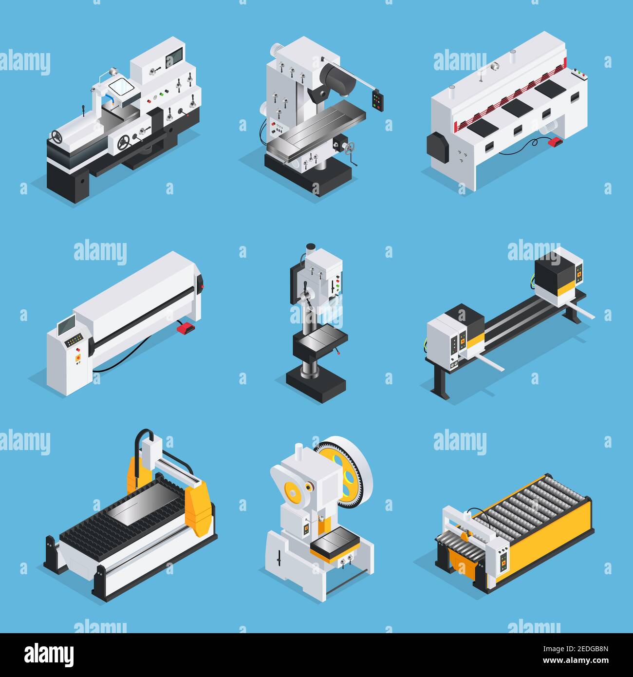 Isometric set of metalworking machines with control panel conveyor computer technologies on blue background isolated vector illustration Stock Vector