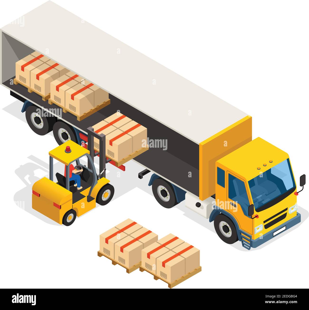 Logistic isometric design composition with worker loading cargo by forklift to big van vector illustration Stock Vector