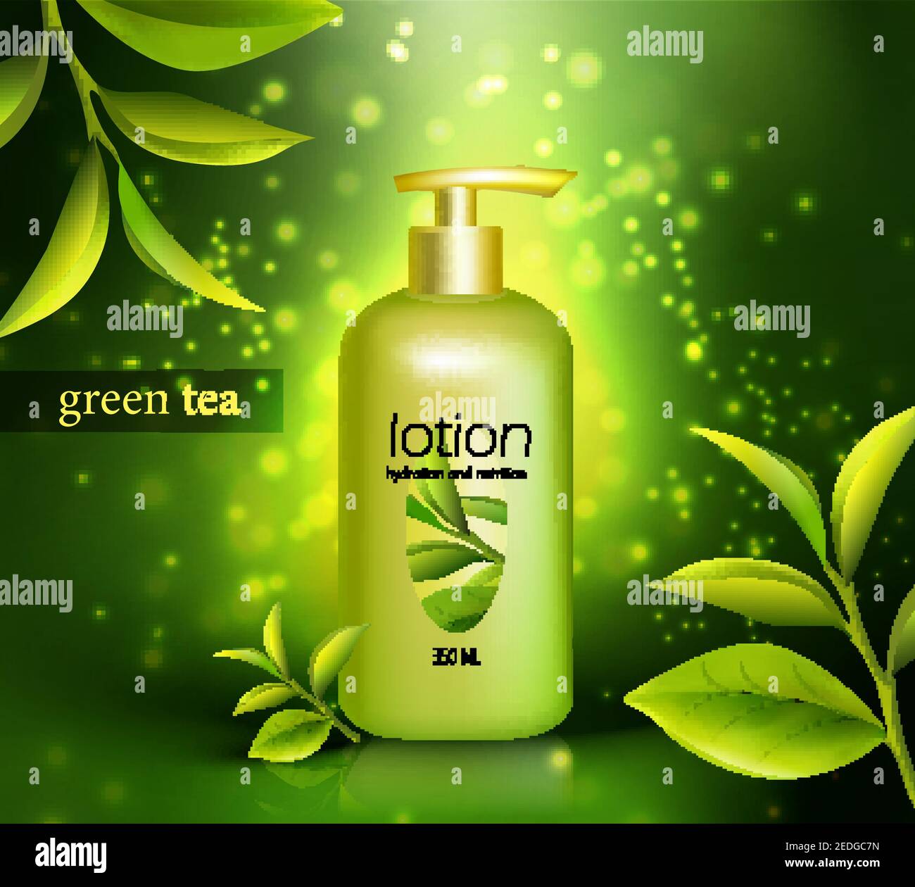 Lotion in plastic packaging with dispenser and green tea leaves on