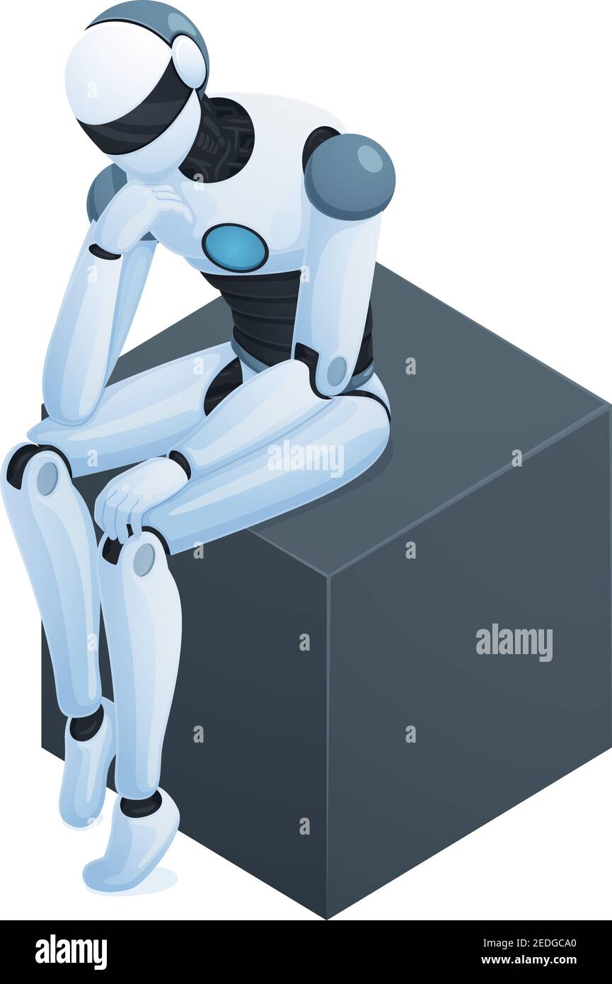 Isometric composition on white background with robot sitting and ...