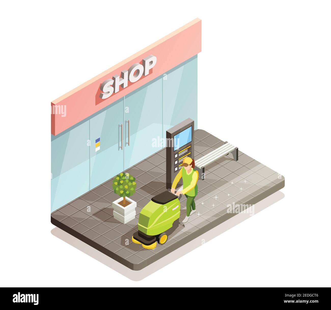 Cleaning isometric design composition with men vacuuming paving slabs near shop vector illustration Stock Vector