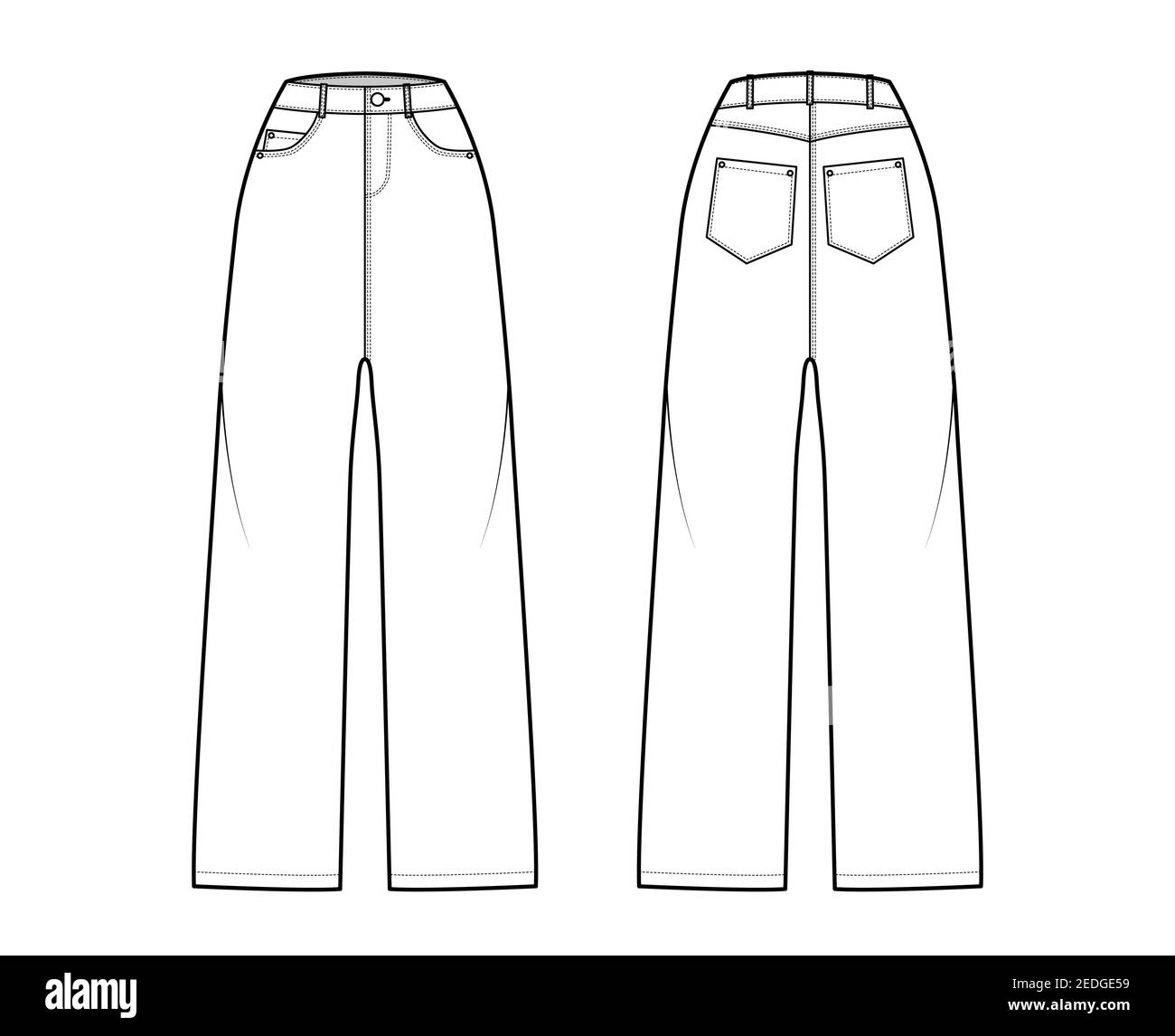 Baggy Jeans Denim pants technical fashion illustration with full length,  normal waist, high rise, 5 pockets,