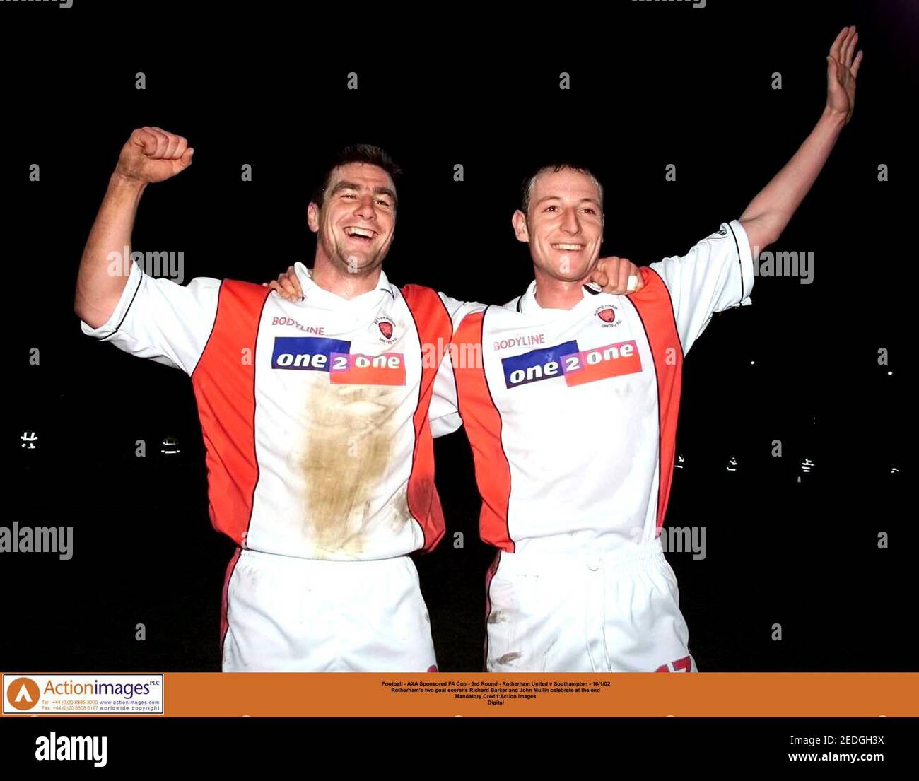 Football - AXA Sponsored FA Cup - 3rd Round - Rotherham United v Southampton - 16/1/02  Rotherham's two goal scorer's Richard Barker and John Mullin celebrate at the end  Mandatory Credit:Action Images  Digital Stock Photo