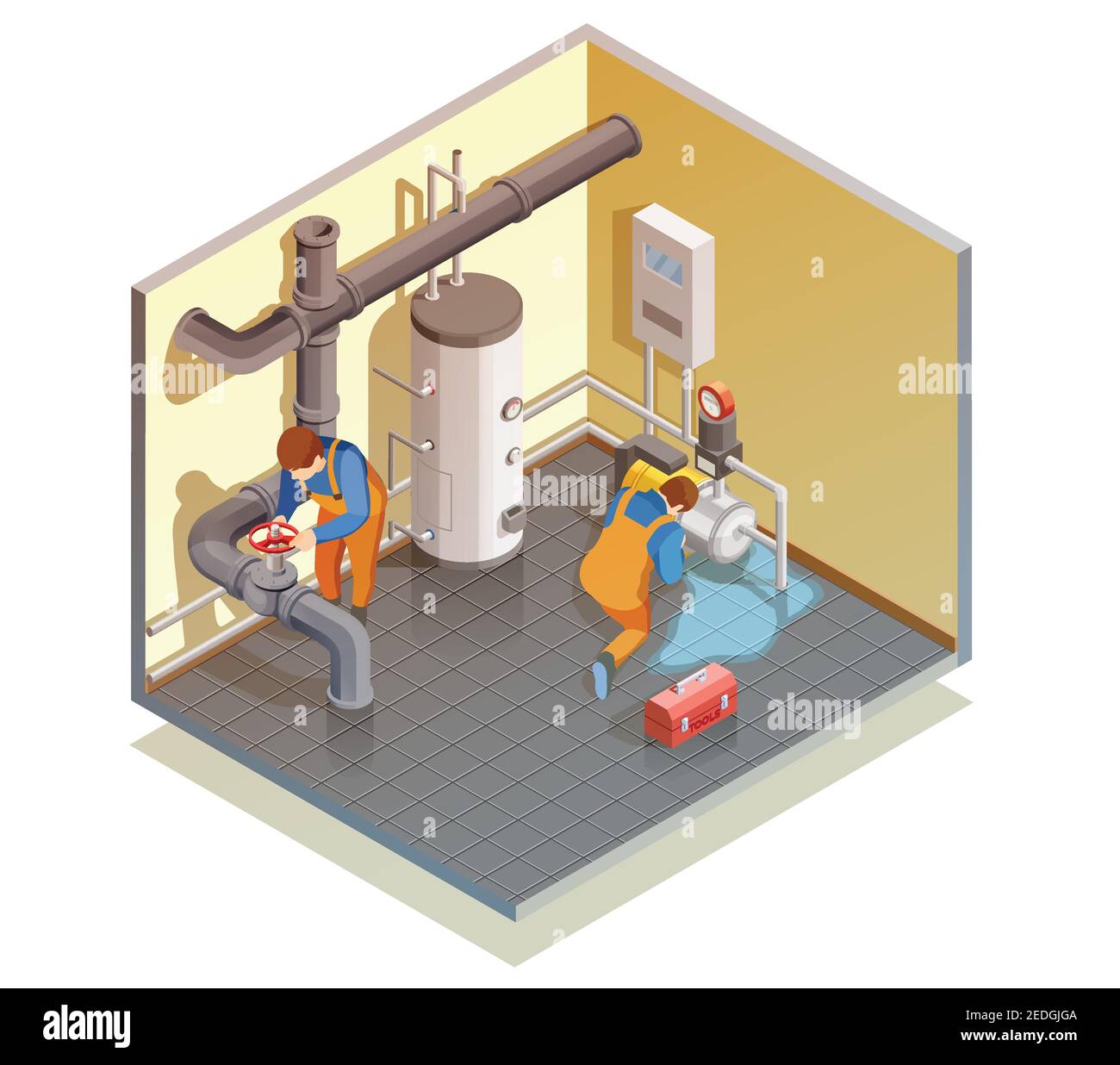 Two plumbers at work fixing boiler leak and checking heating water system pressure isometric composition vector illustration Stock Vector