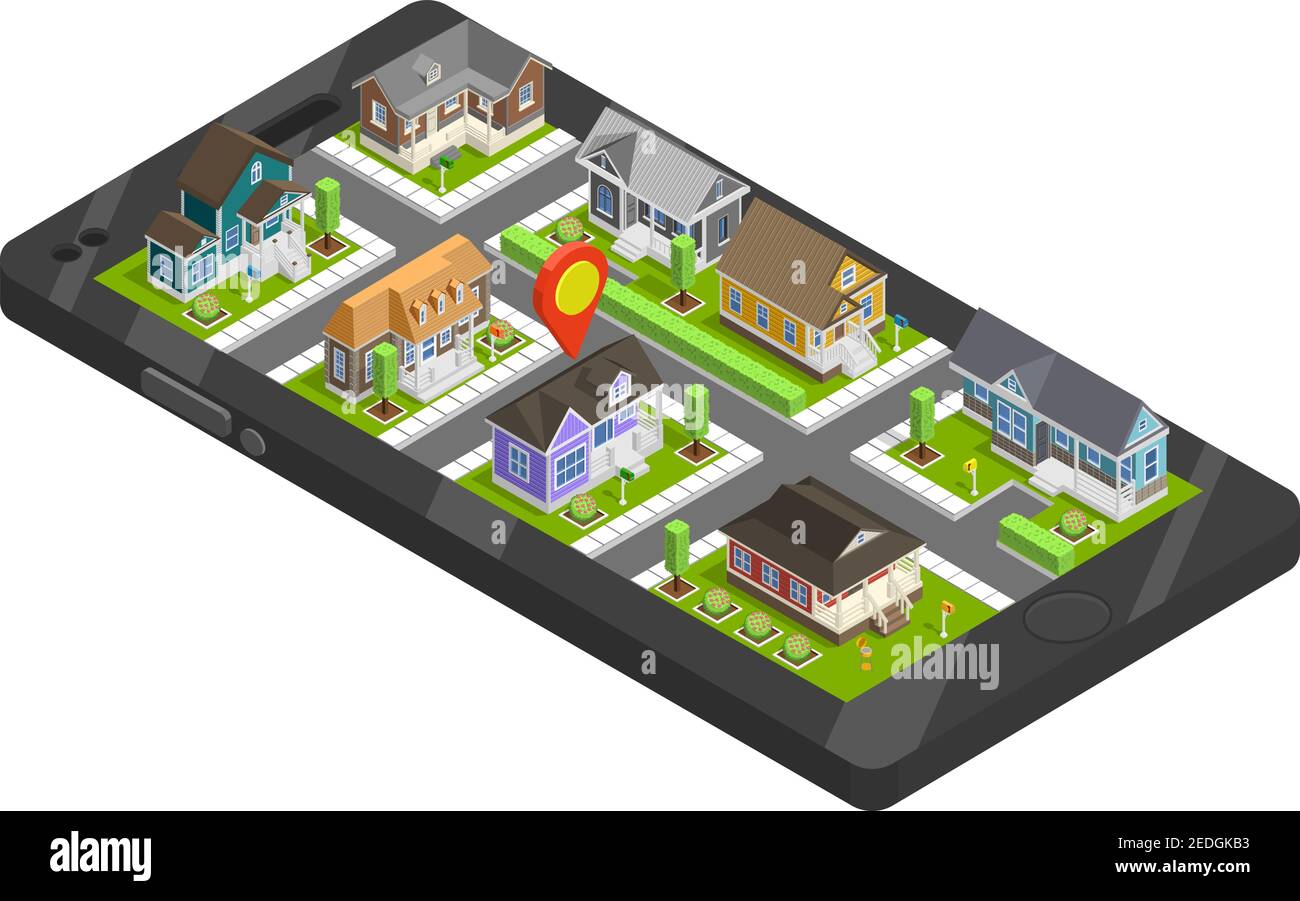 Town buildings isometric smartphone composition with cottage estate houses and location sign on top of gadget screen vector illustration Stock Vector