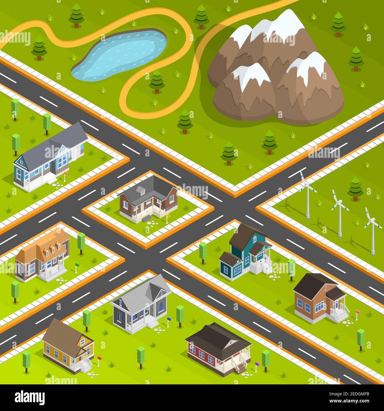 Town buildings isometric background with cottage houses motorway and landscape with lake mountains and turbine towers vector illustration Stock Vector