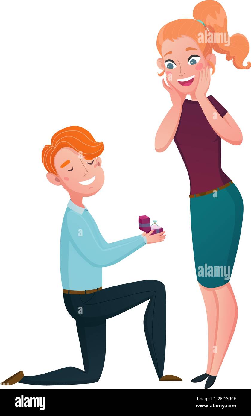Marriage proposal cartoon characters scene with kneeling man with  engagement ring and happy young woman vector illustration Stock Vector  Image & Art - Alamy