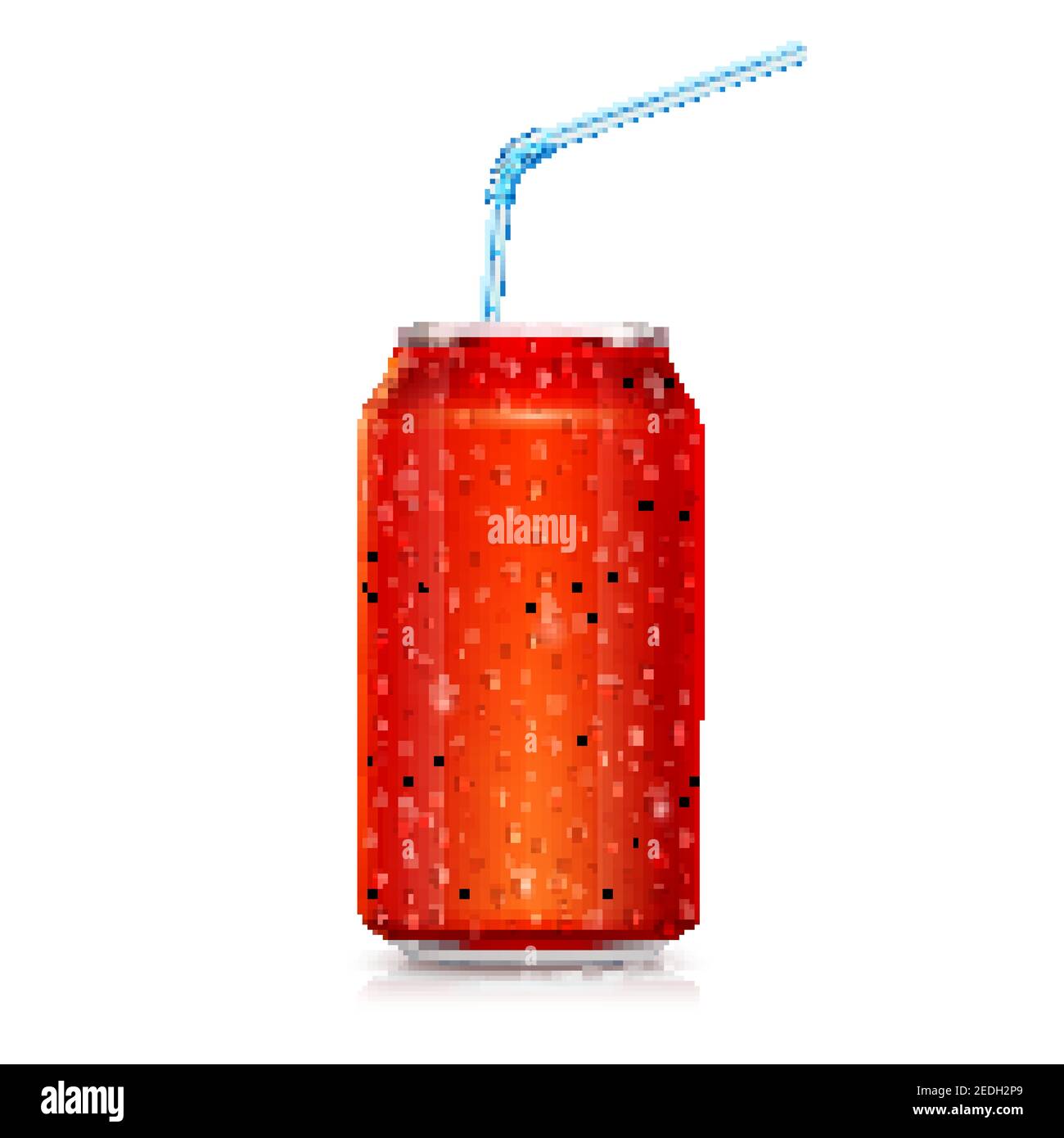 Realistic red can with drops of water isolated on white background. The cocktail straw is sticking out of the tin. Vector 3d illustration. Stock Vector