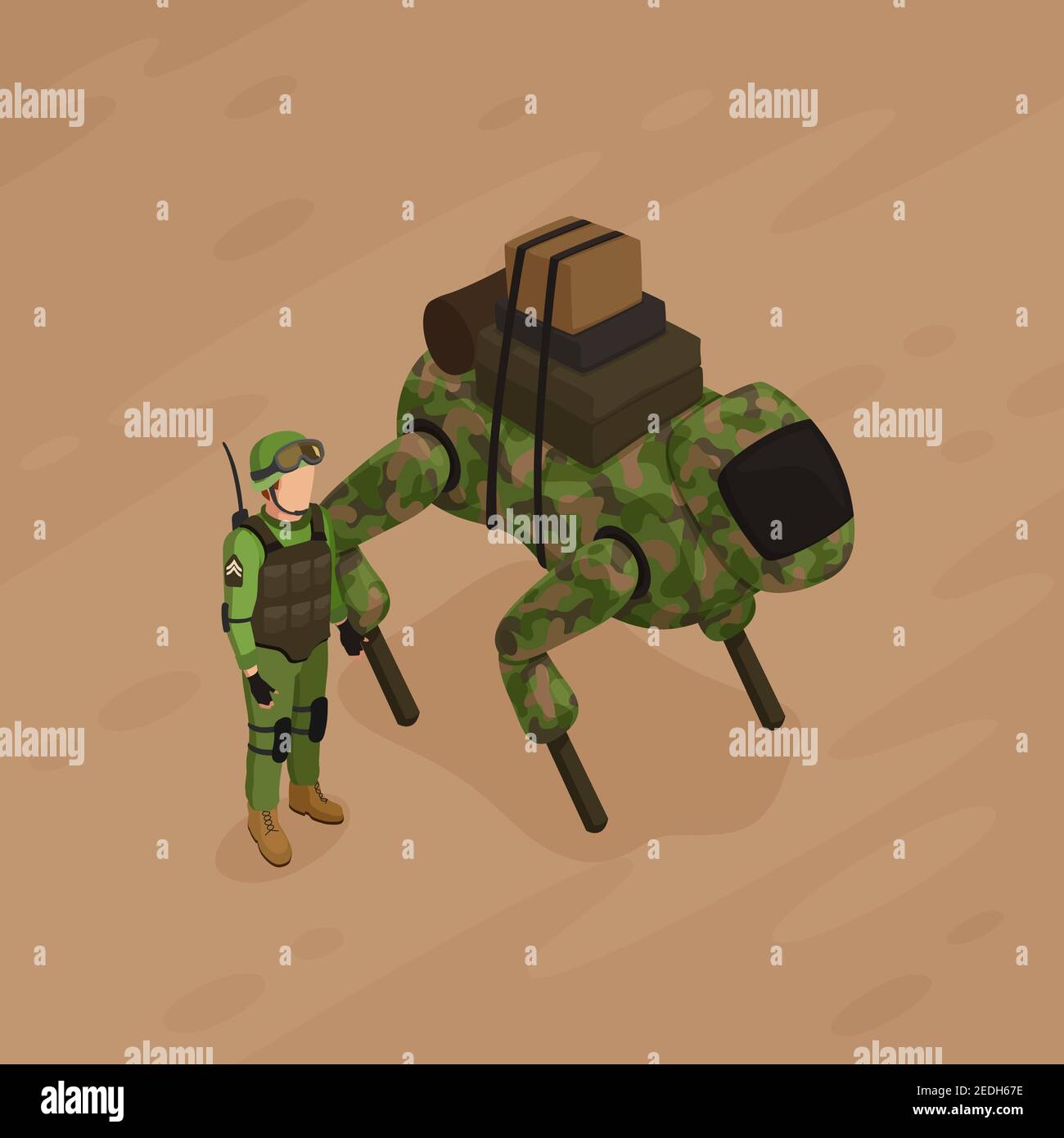 Robot soldier of khaki color with military freight and army fighter on sand background isometric vector illustration Stock Vector