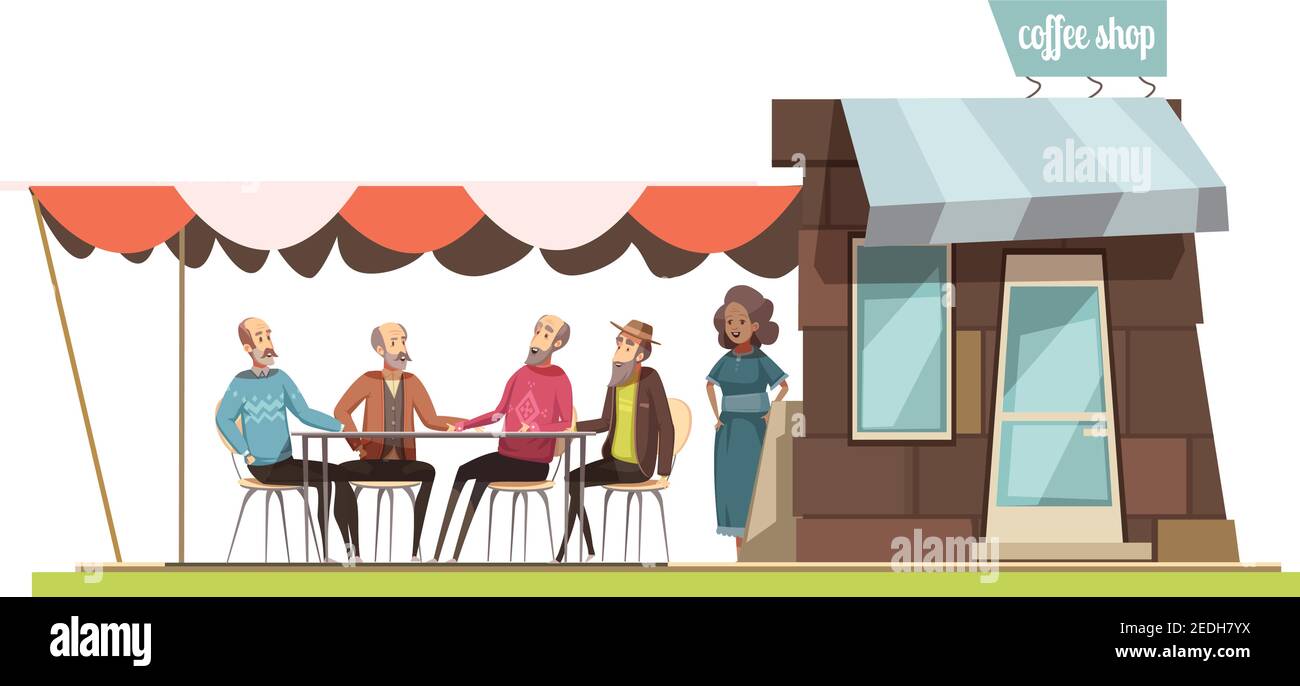Family in coffee shop design composition with cartoon figurines of young woman and four elderly men talking at leisure vector illustration Stock Vector